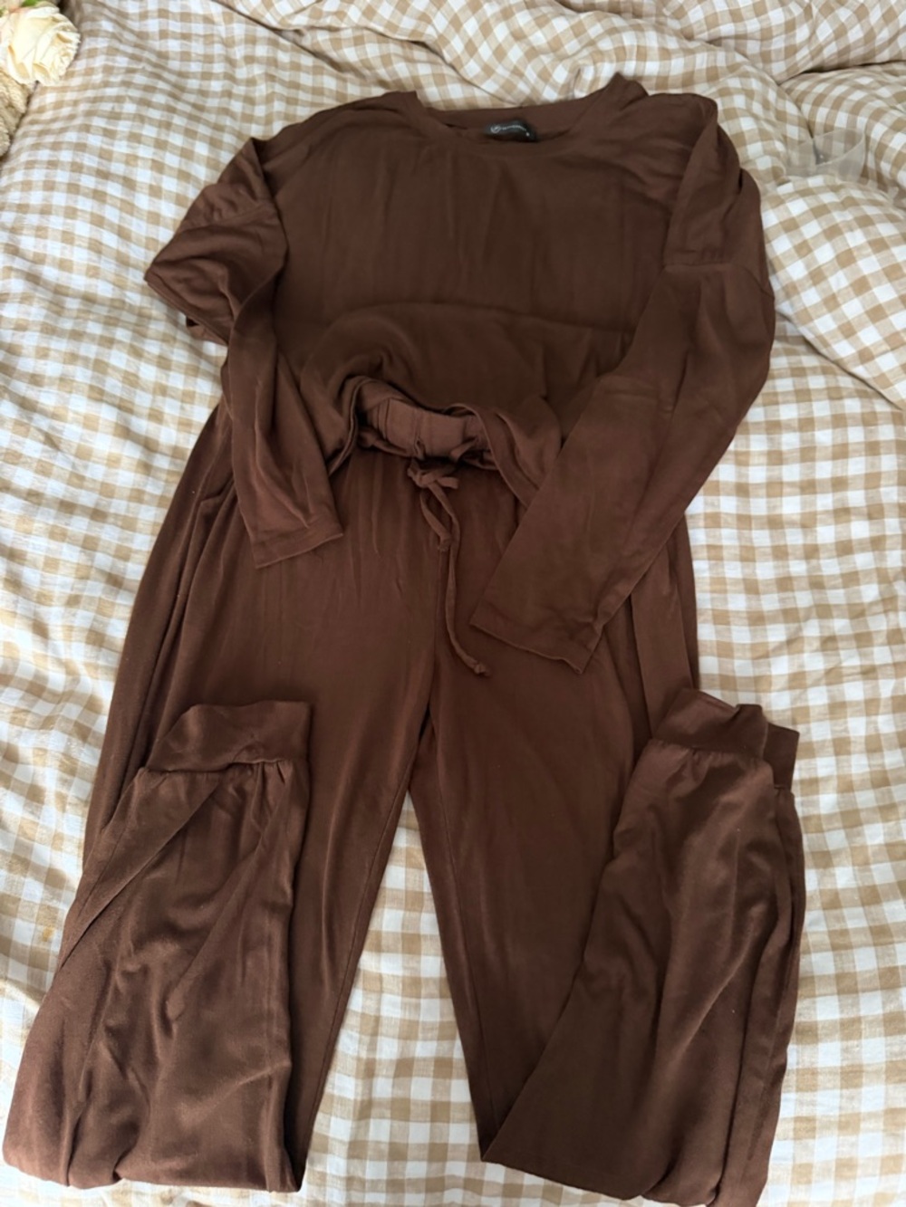Women's Long-Sleeve Brown Drawstring Jumpsuit